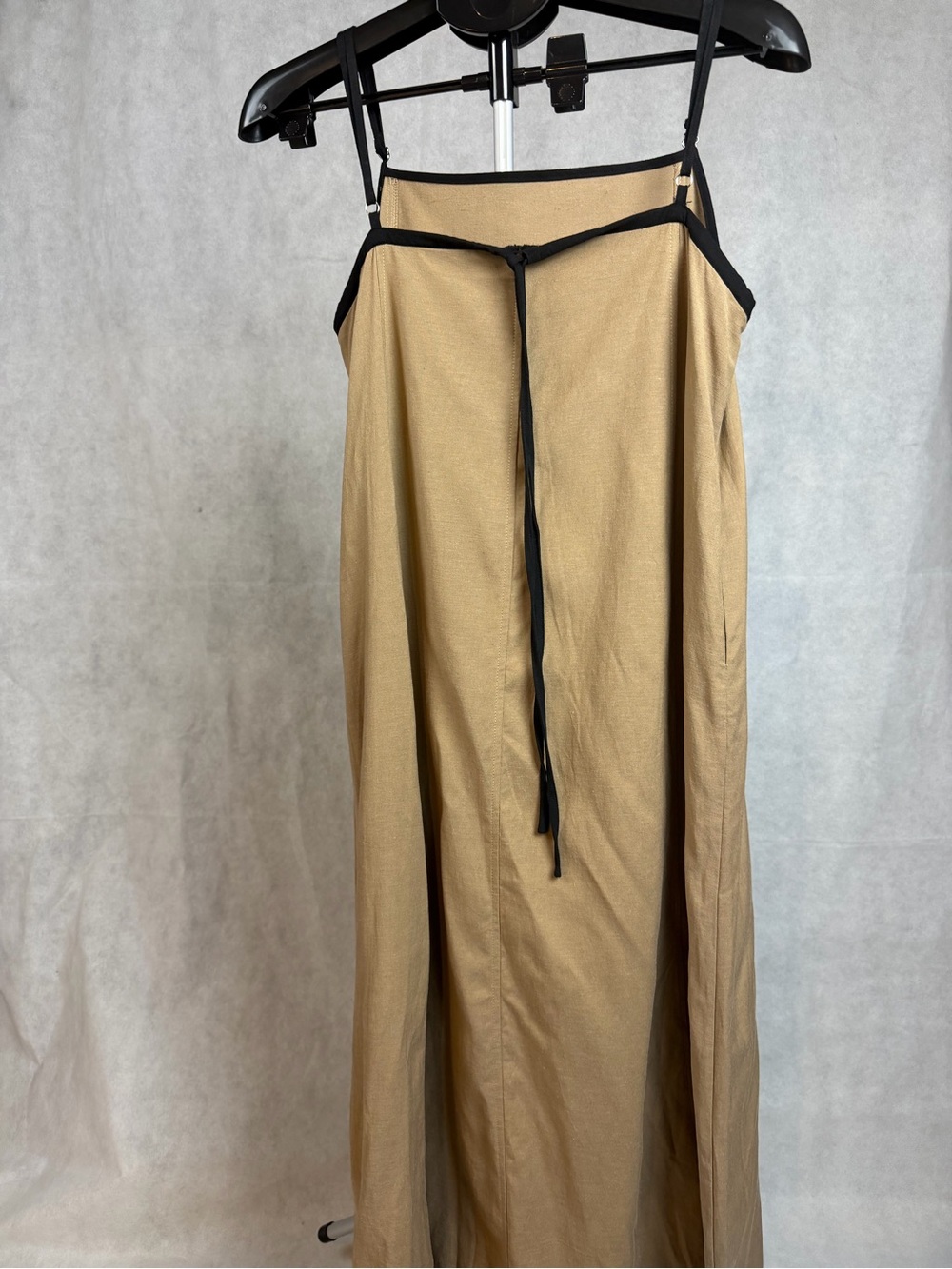 Senllen linen maxi dress Camel brown tan  Black Trim adjustable Size Small NWT - Picture 7 of 15
